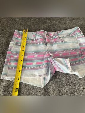 American Eagle Outfitters Teal & Pink Striped Frayed Hem Jean Shorts